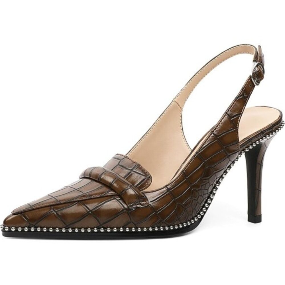 Women Crocodile Brown Stiletto Beaded Pointed Toe Slip On Loafers Slingback Heel